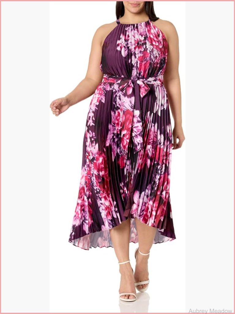 Halter Neck Pleated Midi Dress With Self Tie Belt